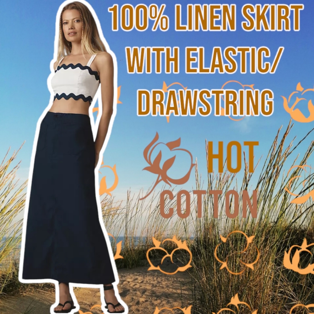 HOT COTTON Trending 100% Black Linen Maxi Skirt Elastic Waist Pleated Trim Lg XL